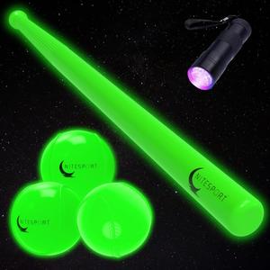 Glow in The Dark Plastic Baseball Bat w/ 3 Glow in The Dark Plastic Baseballs Bundle UV Flashlight Included (Electric Lime), One Size