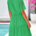 PRETTYGARDEN Eyelet Dresses for Women 2026 Summer Short Sleeve V Neck Hollow Out Ruffle A Line Boho Beach Vacation Mini Dress (Green, L)