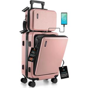 TRAVELARIM 20 Inch Carry On Luggage 22x14x9 Airline Approved, Carry On Suitcase with Wheels, Hard-shell Carry-on Luggage, Durable Luggage Carry-On, Pink Small Suitcase with Cosmetic Case