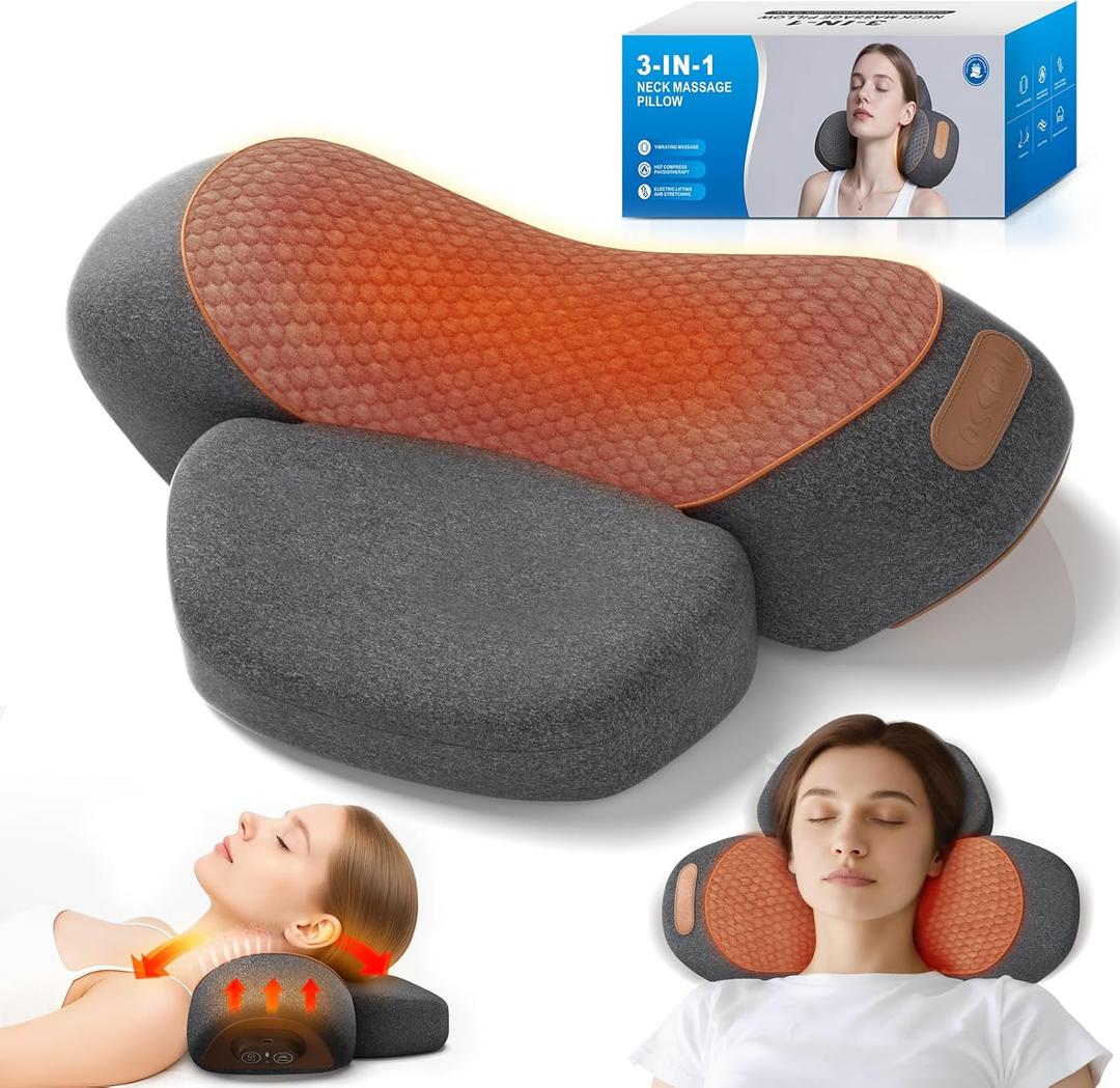 3-in-1 Neck Massager Pillow with Heating and Cervical Traction - Deep Tissue Massage for Pain Relief, Ergonomic Shoulder Massage Pillow, Neck Hump Corrector Ideal Gift for Women and Men Corded