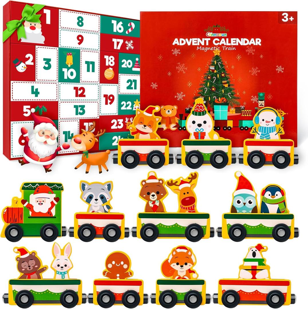 2025 Christmas Advent Calendar Gifts for Kids, Commodum Magnetic Wooden Animals Train Set, 24 Days Advent Calendar Countdown Gifts for Toddlers Boys Girls, Montessori Toys Xmas Surprise Holiday Gifts