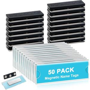 50 Pack Name Badge Magnets Kit Acrylic Magnetic Name Tag Holders with Blank Printable Paper Inserts 3 Magnets Clear Adhesive ID Holder for Business Events School Office