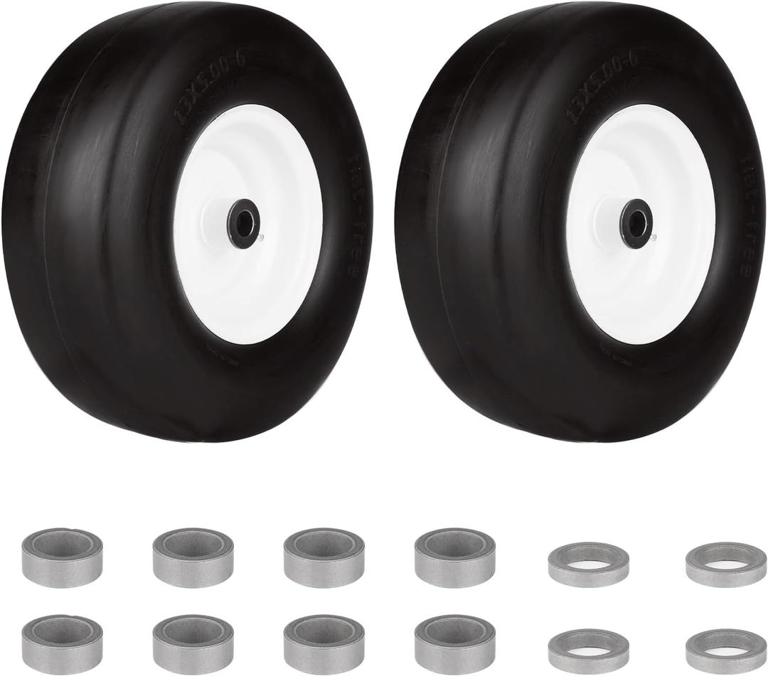 13x5.00-6" Flat Free Tire and Wheel Smooth Tire with Rim for Residential Lawn Mower Deck 36"-46" Garden Tractor | 3.25"-5.9" Centered Hub | Bore ID 3/4" 2PCS