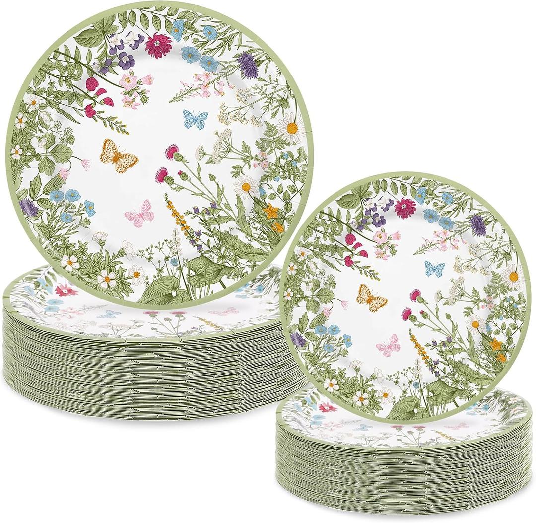 50Pcs Vintage Wildflower Paper Plates Green Wild Floral Disposable Plates 9 in & 7 in Spring Decorative Tableware Dessert Plate for Appetizer Home Party Decor Supplies