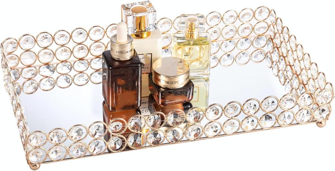 Feyarl Crystal Perfume Fragrance Tray Cosmetic Makeup Vanity Tray Jewelry Trinket Ring Earring Display Organizer Decorative Skin Care Storage for Home Dresser Countertop(13.7 x 7.87 inch) (Gold)