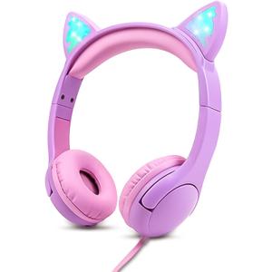 Olyre Kids Headphones, Safe 85db Volume Control Light Up Cat Ear Headphones for iPad Fire Tablet Kindle, On-Ear LED Children Headphones for School Learning Travel - Purple/Pink