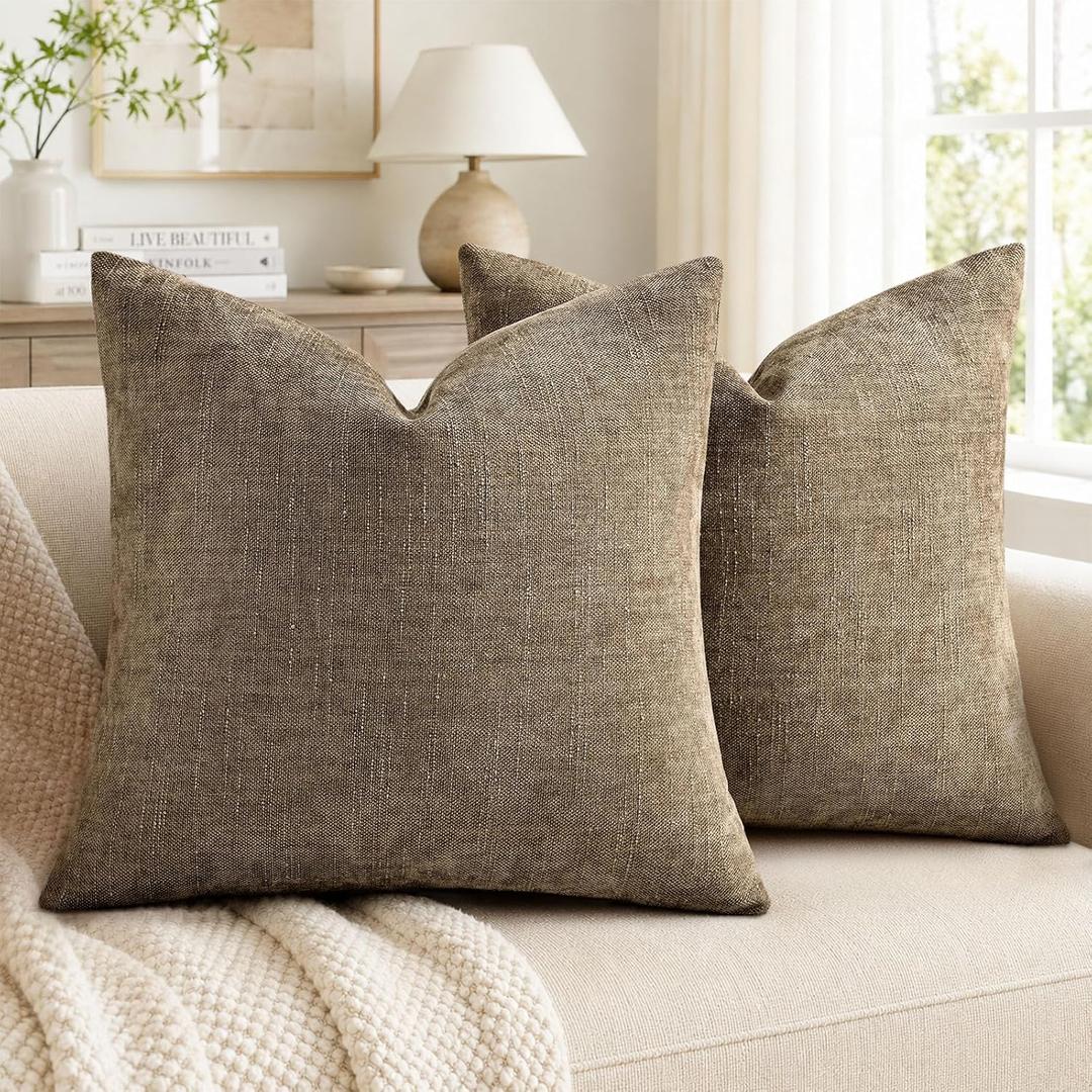 decorUhome Chenille Throw Pillow Covers 20x20 Set of 2, Square Decorative Pillow Covers with Zipper for Couch, Sofa, Living Room, Light Taupe
