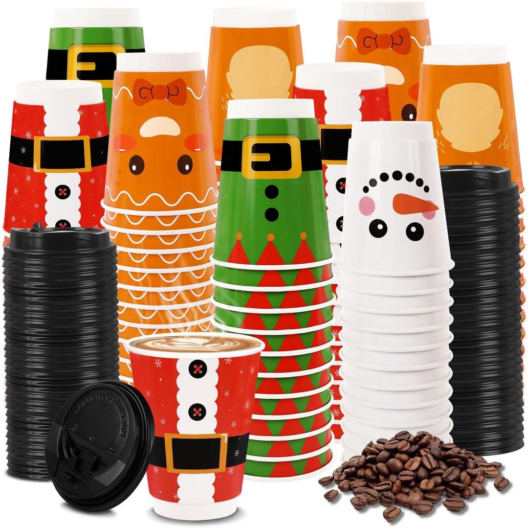 FULJOOY 60 Pack 12oz Christmas Day Paper Cups with Black Leak Proof Lids and Extra Thick Insulated Beverage Cups for Hot & Cold Liquids Christmas Santa Disposable Paper Cups for Winter Holiday Party