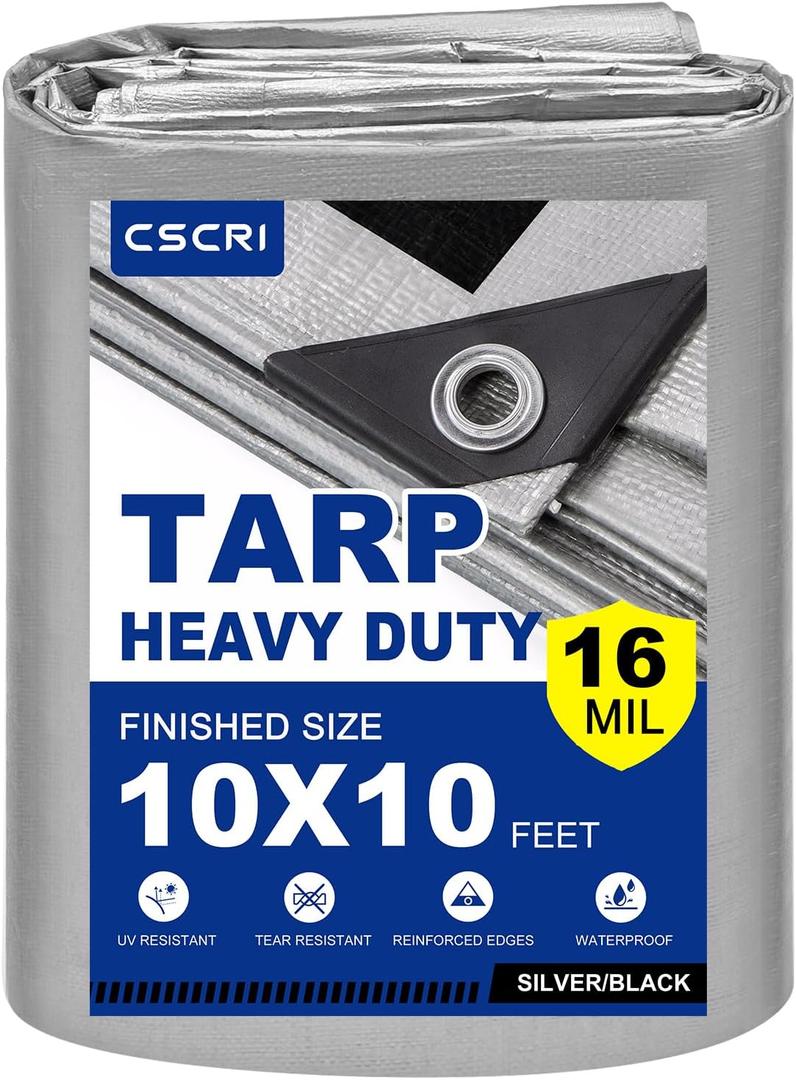 16Mil Finished Size 10x10 Tarp Heavy Duty Waterproof, Large Outdoor Multipurpose Protective Cover (Silver/Black)