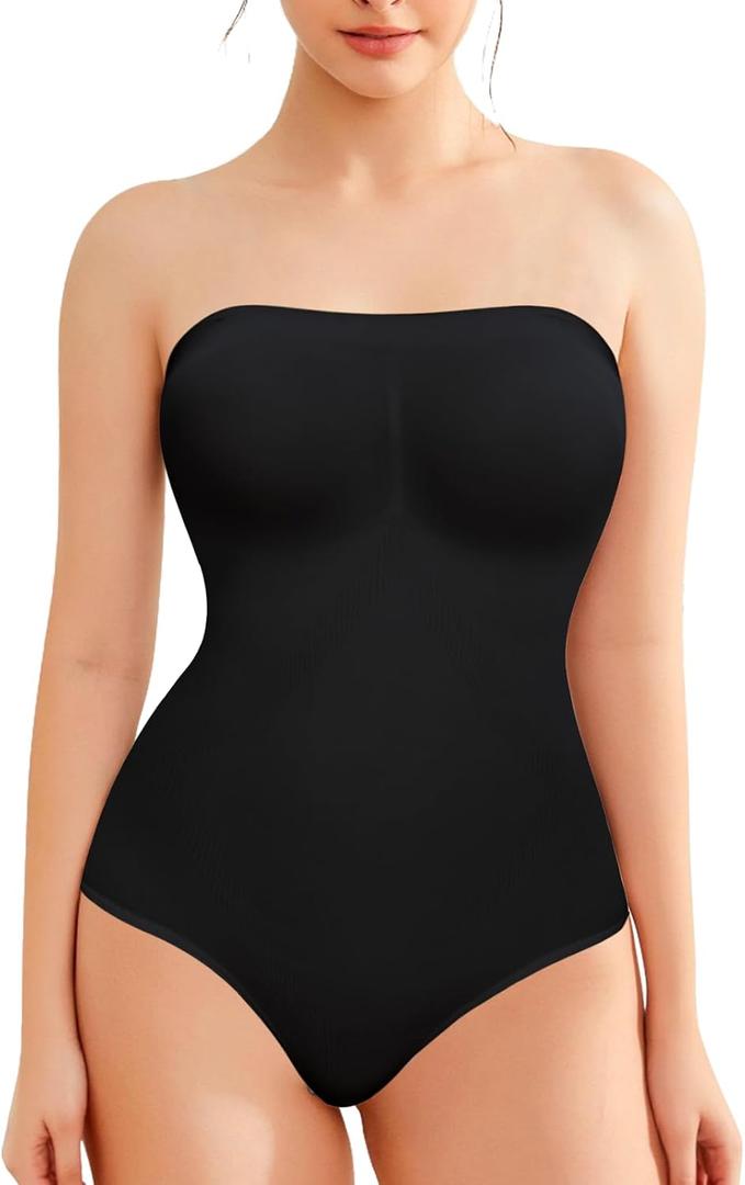Strapless Shapewear Bodysuit for Women Tummy Control, Seamless Tube Top Bodysuit Body Shaper Off Shoulder Leotard (Medium, Black)