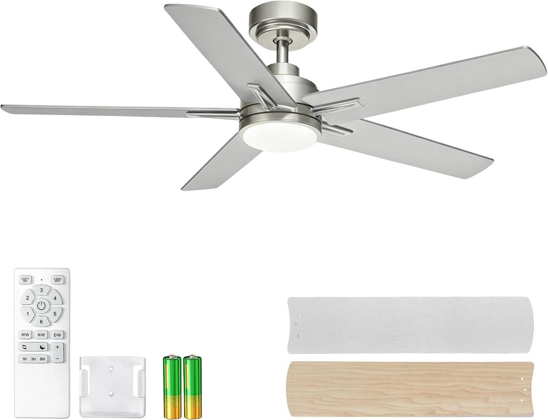 YUHAO 48 Inch Brushed Nickel Ceiling Fan with Light and Remote Control.Noiseless,Dimmable, 3CCT,6 Speeds Reversible, Modern DC Ceiling Fans for Indoor or Covered Outdoor Use,ETL Listed