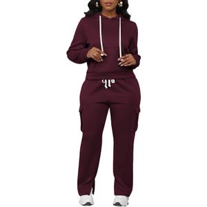 LovelyWholesale Womens Sweatsuits 2 Piece Set Hoodies and Cargo Sweatpants Sets Burgundy Small