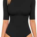 MANGOPOP Women's Half Sleeve Crew Neck Bodysuit 3/4 Sleeve Body Suit Slim Fit Going Out Tops (X-Large, 01 Black)
