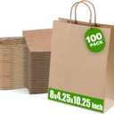 Ginkgo 100 Pcs Paper Gift Bags with Handles, Medium Size Brown Paper Bags 8x4.25x10.25 Inch, Kraft Bag Bulk for Party, Favor, Holiday, Goodie, Grocery and Shopping