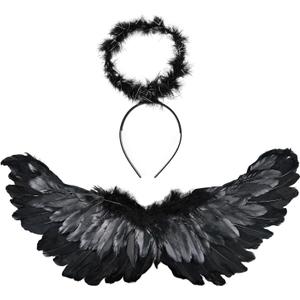 Angel Wings Costume Accessories-Feather Wings with Halo Headband Set for Adults, Lightweight Adjustable Fairy Wings,Cosplay (Black)