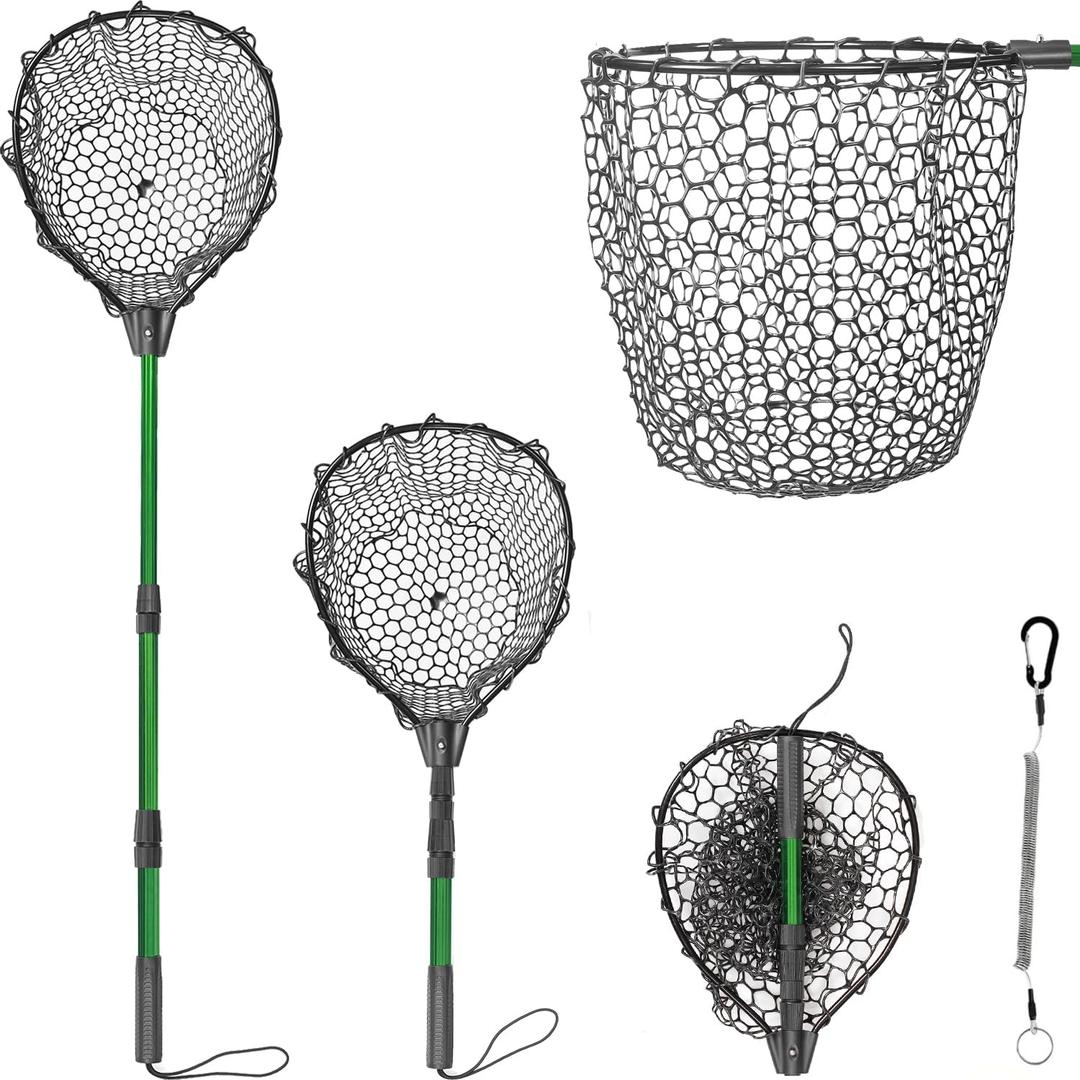 Rubber Fishing Net with Telescoping Handle - High Strength Landing Net for Fishing with Soft Rubber Netting, Two Sizes Options (M, Hoop Size: 17.3 x 13)