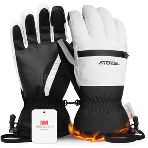ATERCEL Waterproof Ski Gloves, Warm 3M Thinsulate Gloves, Touchscreen, for Men Women in Skiing, Snowboarding, Hiking (Small, White)