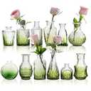 STARSIDE Set of 12 Green Glass Bud Vases in Bulk, Small Vintage Bud Vase for Centerpieces, Rustic Wedding Decorations, Home Table Flower Décor