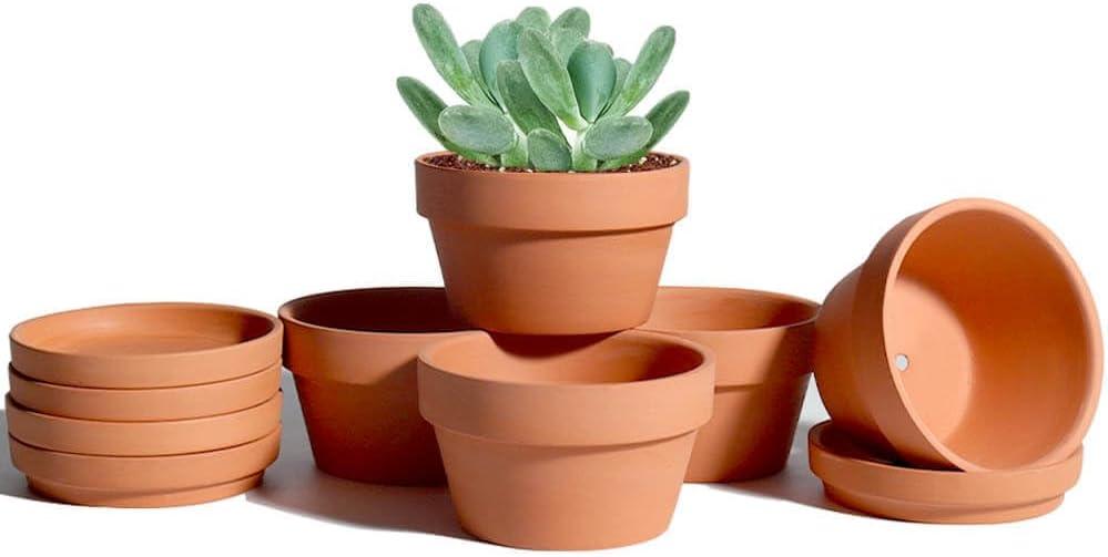 vensovo 3.7 Inch Terracotta Shallow Succulent Pots - 6 Pack Terra Cotta Clay Pot with Saucer, Cacuts Indoor and Outdoor Planters with Drainage Hole (Brown)