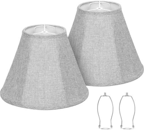 Bell Lamp Shades Set of 2, Gray Fabric Lampshades 6"Top x 13"Bottom x 10"High Medium Shade Replacement, Natural Linen Hand Crafted(Spider Fitter), Harp Holders Included, Easy Assembly Required
