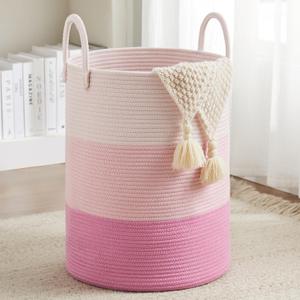 Cotton Rope Laundry Hamper by Fiona's magic, Tall Woven Laundry Basket Storage, Baby Nursery Hamper for Blankets, Toys and Clothes Hamper for Bedroom and Living Room Organizing, 72L, Pink
