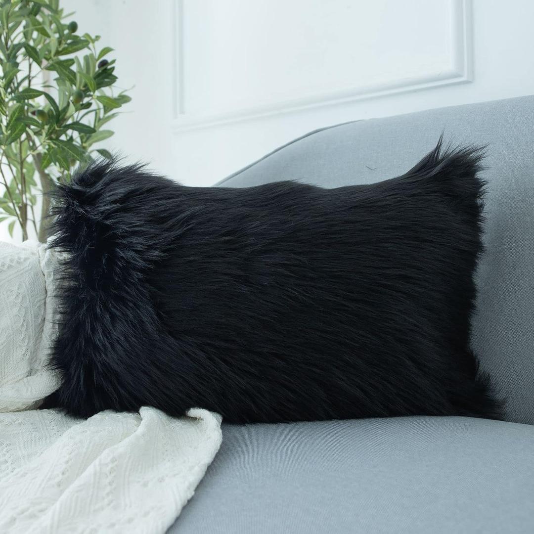 LIGICKY Decorative Lumbar Soft Faux Fur Throw Pillow Cover Luxury Series Rectangle Plush Pillow Case Cushion Cover for Couch Sofa Bed, 12" x 20" Black