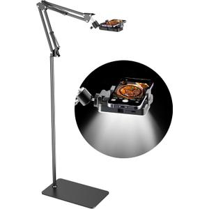 Floor Overhead Phone Tripod with Rechargeable Light for Cooking Videos, Move Around Phone Stand with Ring Light Content Creator Video Recording Selfie Photography TikTok Youtube Compatible with iPhone (black)