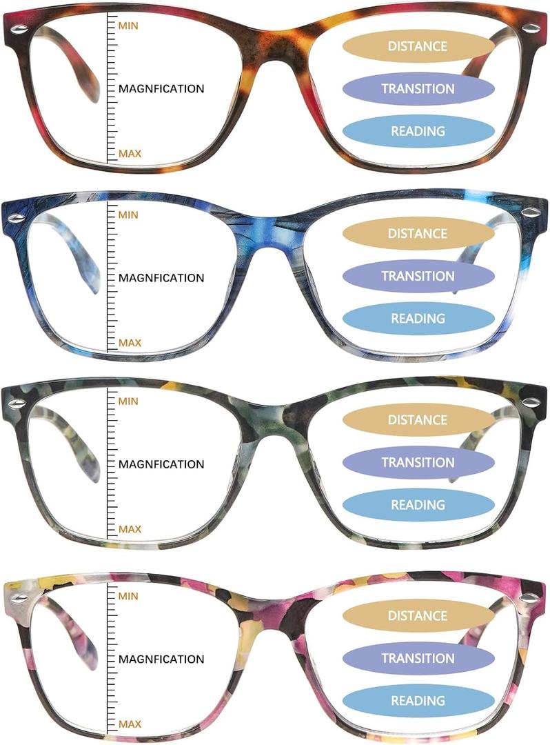 Progressive Multifocal Reading Glasses Blue Light Blocking Spring Hinge Readers Pattern Print Eyeglasses for Women (Mix Color)