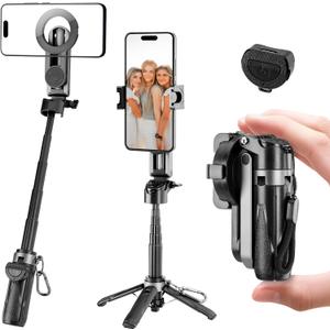 Magnetic Tripod for Phone,2 in 1 for Magsafe Stand Clip Portable Pocket Size Selfie Stick for Android/iPhone,Phone Holder with Wireless Rechargeable Remote Control for Photography, Live Streaming, Gray