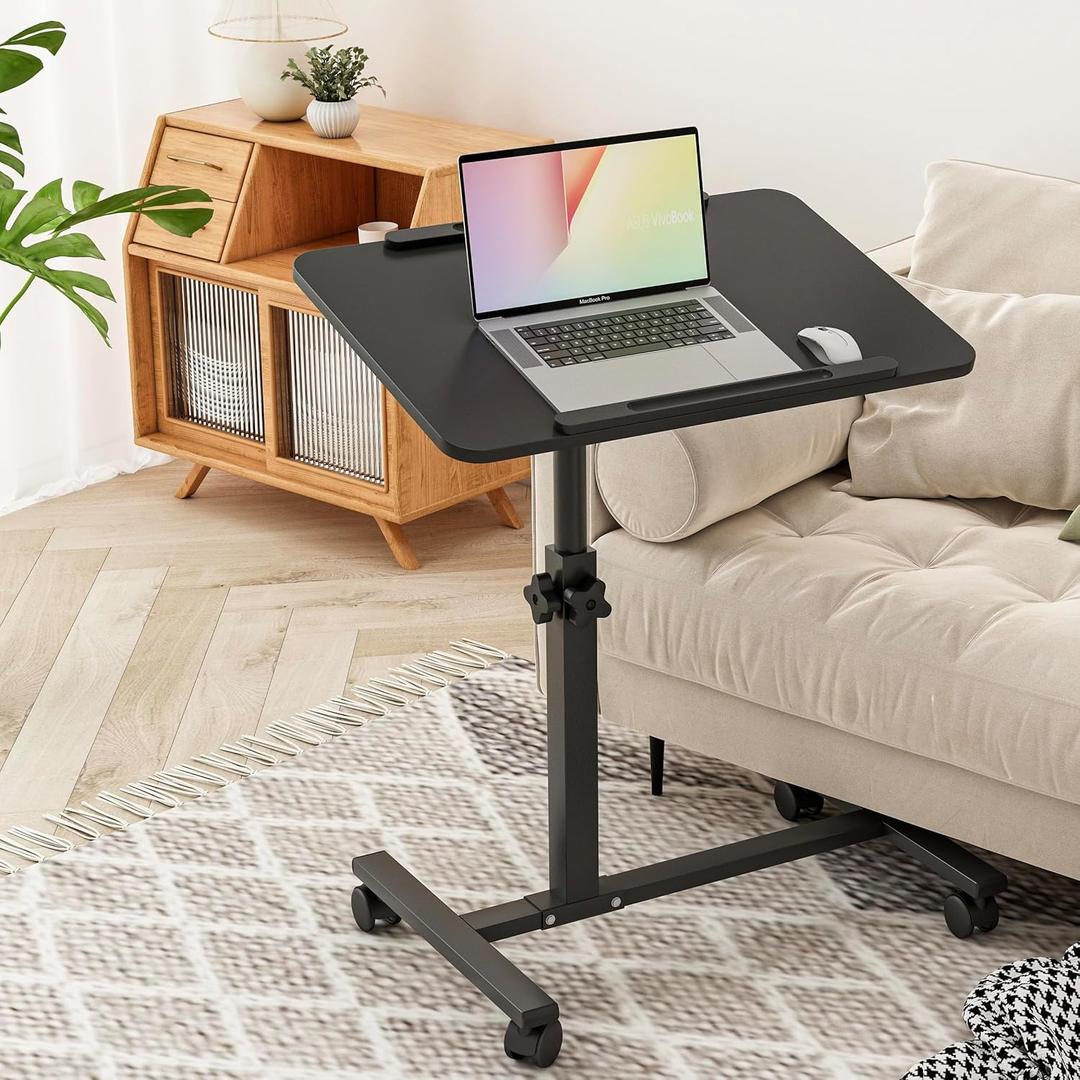 Bed Desk Adjustable Overbed Bedside Table Rolling Laptop Tray Desk Cart Height Portable Mobile Sit Stand Table Tilting Hospital Bed with Wheels (Black)