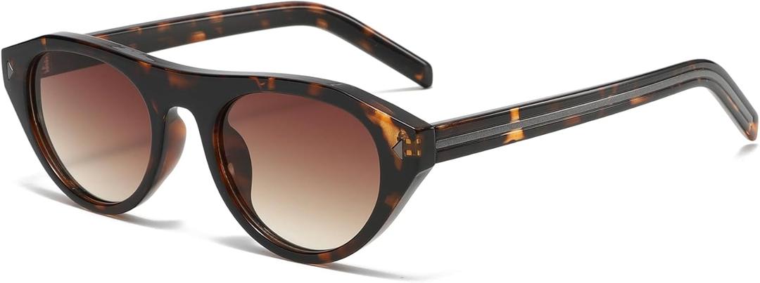 Long Keeper Retro Oval Sunglasses  Small Oval Cat Eye Sunglasses for Women Lady Trendy Round Cateye Shades for Travel Daily (Leopard Frame - Gradient Brown Lens)