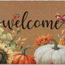 Fall Pumpkin Welcome Door Mat, Autumn Thanksgiving Welcome Front Door Mat Indoor Outdoor Entrance, Fall Pumpkin Sunflower Artificial Coir Doormats Rugs for Porch Entryway Decor 30x17in