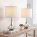 JONATHAN Y 25.5" Mercury Silver Glass Teardrop Table Lamp Set of 2 for Bedroom, Modern Bedside Lamps for Living Room, White Linen Drum Shade, LED Bulbs Included JYL1081A-SET2