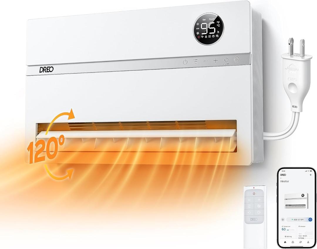 Dreo Wall-Mounted Heater, Smart Space Heater for Bedroom with Dreo FortPlug Overheat Protection, 120 Vertical Oscillation, Thermostat, 24H Timer, 1500W Electric Heater for Indoor, WH729S (White)