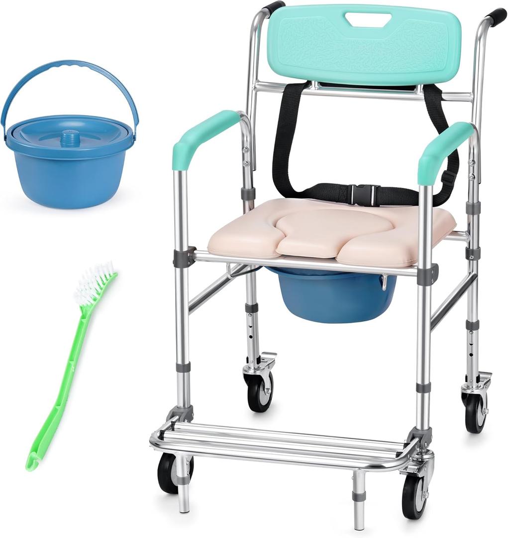 Rengue Shower Chair with Wheels,3-in-1 Bedside Commode Chair with Padded Seat,Detachable Bucket,Adjustable Transport Rolling Chair,330lbs Weight Capacity
