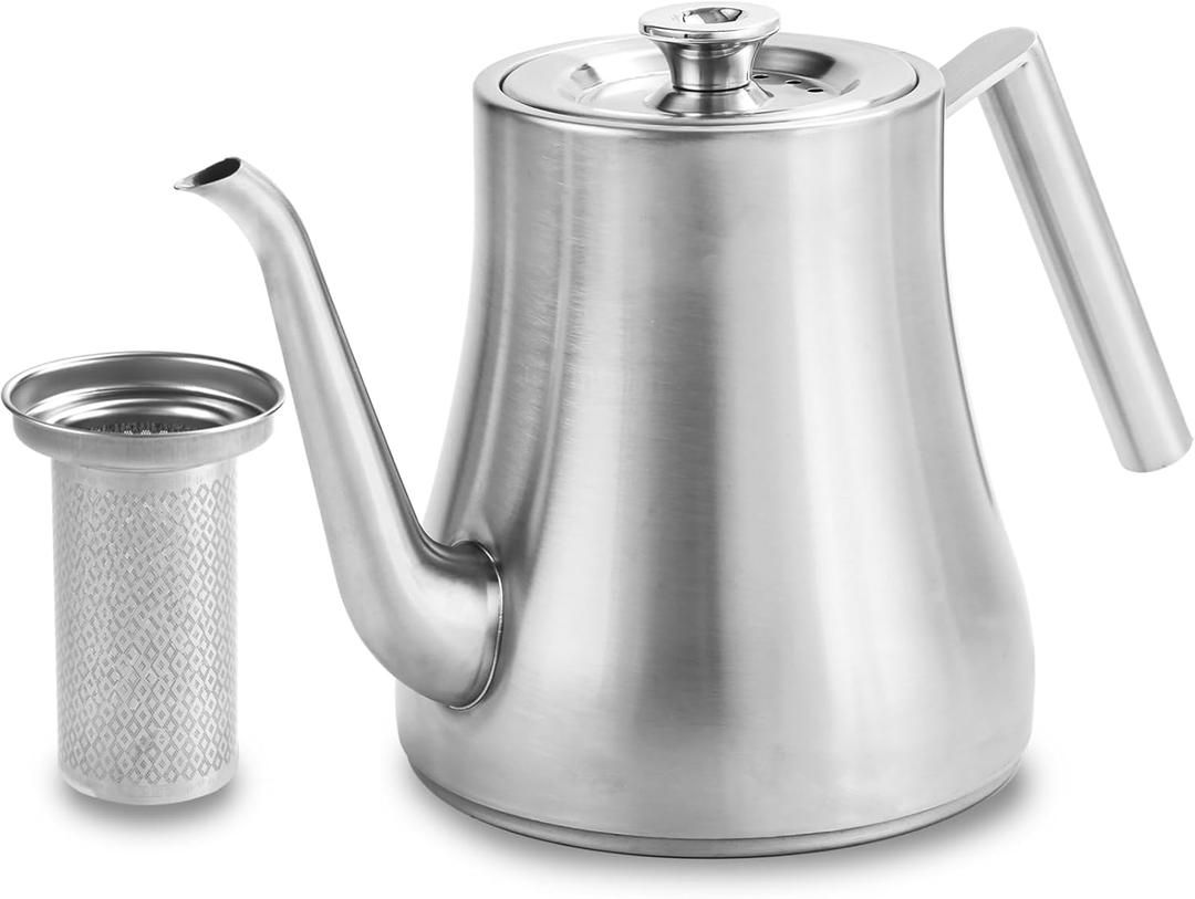 68OZ/2000ML Stainless Steel Teapot with Removable Infuser, Stovetop Safe Tea Maker Water Kettle for Loose Leaf & Tea Bags, Silver (Side handle)