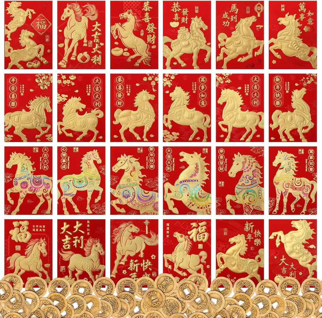 Outus 72 Pcs 2026 Chinese New Year Red Envelopes Year of Horse Red Envelopes Cartoon Horse Hong Bao Lucky Money Packet with 100 Brass Chinese Feng Shui I Ching Coin for Spring Festival, 3.2 x 4.5 Inch