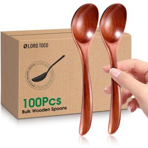 100 PCS Wooden Soup Spoons 6.7" bulk Small Wooden Spoons for Eating, Mixing, Scoop Coffee Honey Tea Japanese Style Cooking Kitchen Utensil