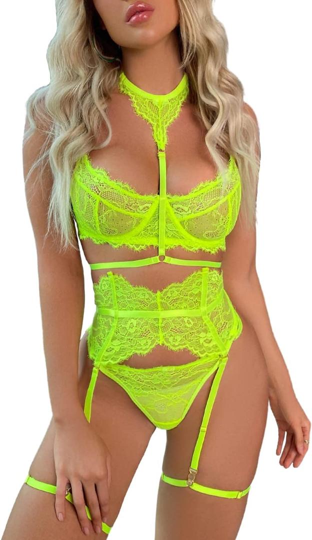 Kaei&Shi Garter Lingerie Set for Women, Sexy Floral Lace, Strappy High Waisted Hide Belly, 4 Piece with Exotic Choker Belt (S, Neon Green)