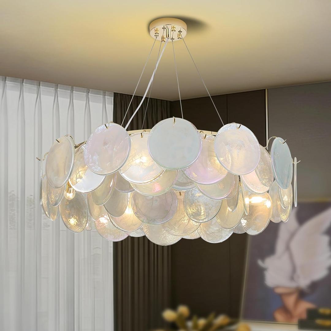 Luxury 31 Inch White Cloud Glass Chandelier, Hand Blown Swirled Art Glass Round Pendant Light, Contemporary White Disc Ceiling Fixture for Dining Room, Living Room, Bedroom, Foyer, Size: White 31" Round 8-Light