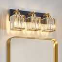 Aixialin Modern Crystal Bathroom Lights Fixtures Black Gold 3-Lights Bathroom Vanity Lights Over Mirror Brass Vanity Lighting Fixtures Crystal Wall Lighting with Polished Gold Finish