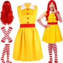 TaoBary 4 Pcs Halloween Fast Food Clown Waitress Costume Set for Women Long Arm Gloves Knee High Socks Red Wig for Cosplay (Medium)
