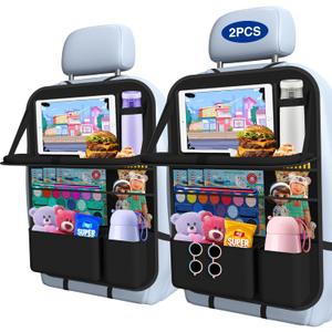 Car Backseat Organizer with Table Tray(2-Pack) 9 Storage Pockets Backseat Car Organizer and storage with Tablet Holder, Kick Mats Back Seat Cover for Kids family Road Trip Essentials Travel