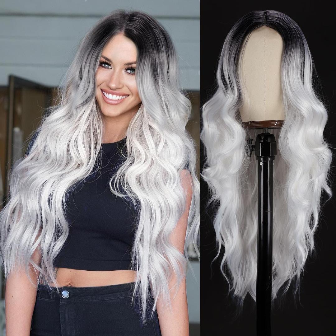 Colorful Queen Ombre Grey Wig 26 Inch Long Wavy Gray White Wigs for Women Curly Wig Heat Resistant Synthetic Lace Wig Natural Looking for Halloween Cosplay Daily Use