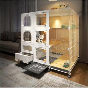 Indoor Cat Cage with Litter Box, Complimentary Cat Bed, Bow, Cat House with Wheels, Large Cat Villa Playpen, Small Animal Dog Kennel Cat Enclosures 42"(L) x 18.2"(W) x 46.2"(H)