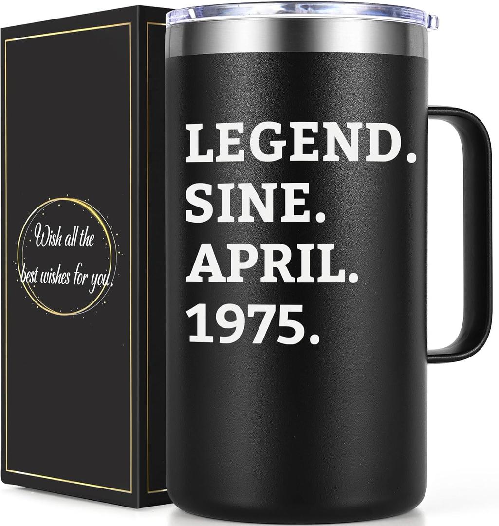 Lifecapido Legend Since April 1975 20oz Insulated Coffee Mug with Lid, Aries Taurus 50th Birthday Gifts for Him Men Dad Husband Uncle, Black