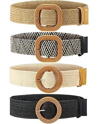 WILLBOND 4 Pcs Straw Woven Belt Elastic Stretch Rattan Buckle Waist Belt Women Skinny Raffia Dress Waist Band(Retro Color,Large)