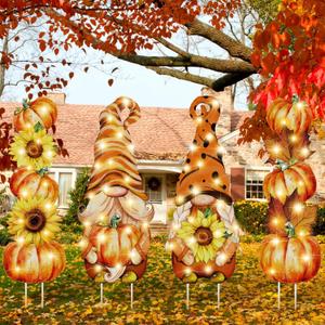 Bencailor 4Pcs Fall Outdoor Yard Decorations Thanksgiving Yard Signs with Stakes Autumn Harvest Gnome Pilgrim Decoration with LED Light for Outdoor Lawn Garden Decoration Party Favor Supplies