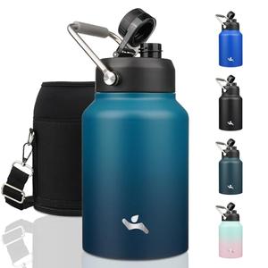 Konokyo Half Gallon Jug with Handle,64 oz Insulated Water Bottle with Carrying Pouch,Double Wall Vacuum Stainless Steel Metal Bottle,Indigo Black