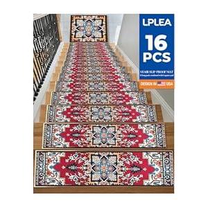 Non-Slip Stair Tread Set for Wood Steps 16PCS - 15PCS 8"X 30" + 1PCS 30"X 30" Washable Stain Resistant Stair Carpet, Indoor Safety Stair Mat for Elderly, Dogs & Pets
